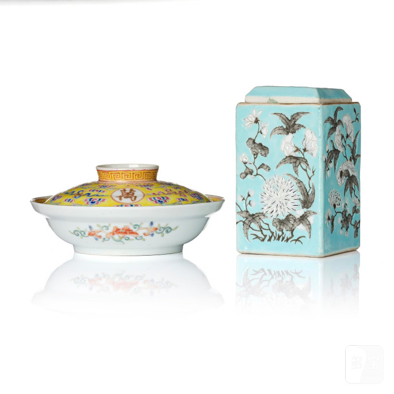 A yellow glazed bowl with cover and a turquoise ground box with cover,